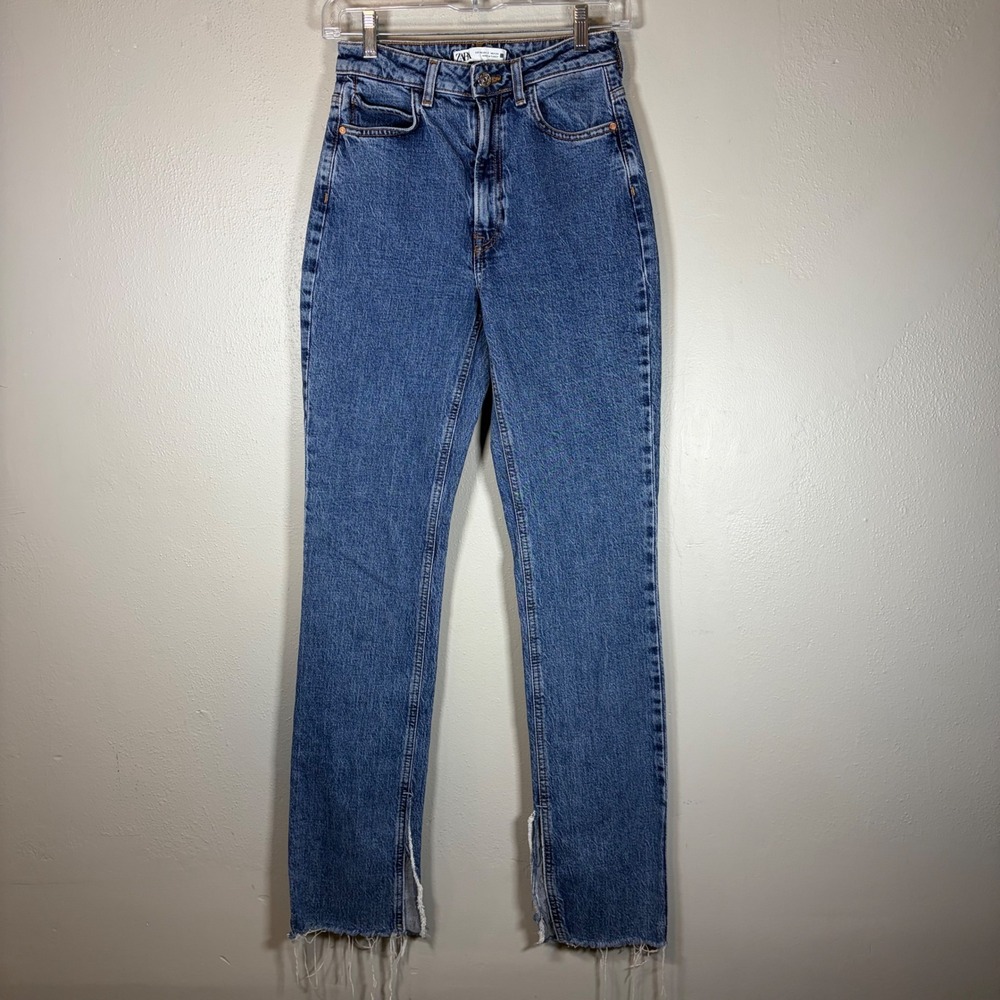 Zara Premium Denim High Rise Straight Leg Jeans Womens 2 25 Blue Slit Raw Hem